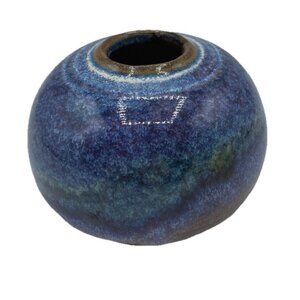 Studio Pottery Round Blue Vase Signed 2.75 in Tall Handmade Artisan Collectible